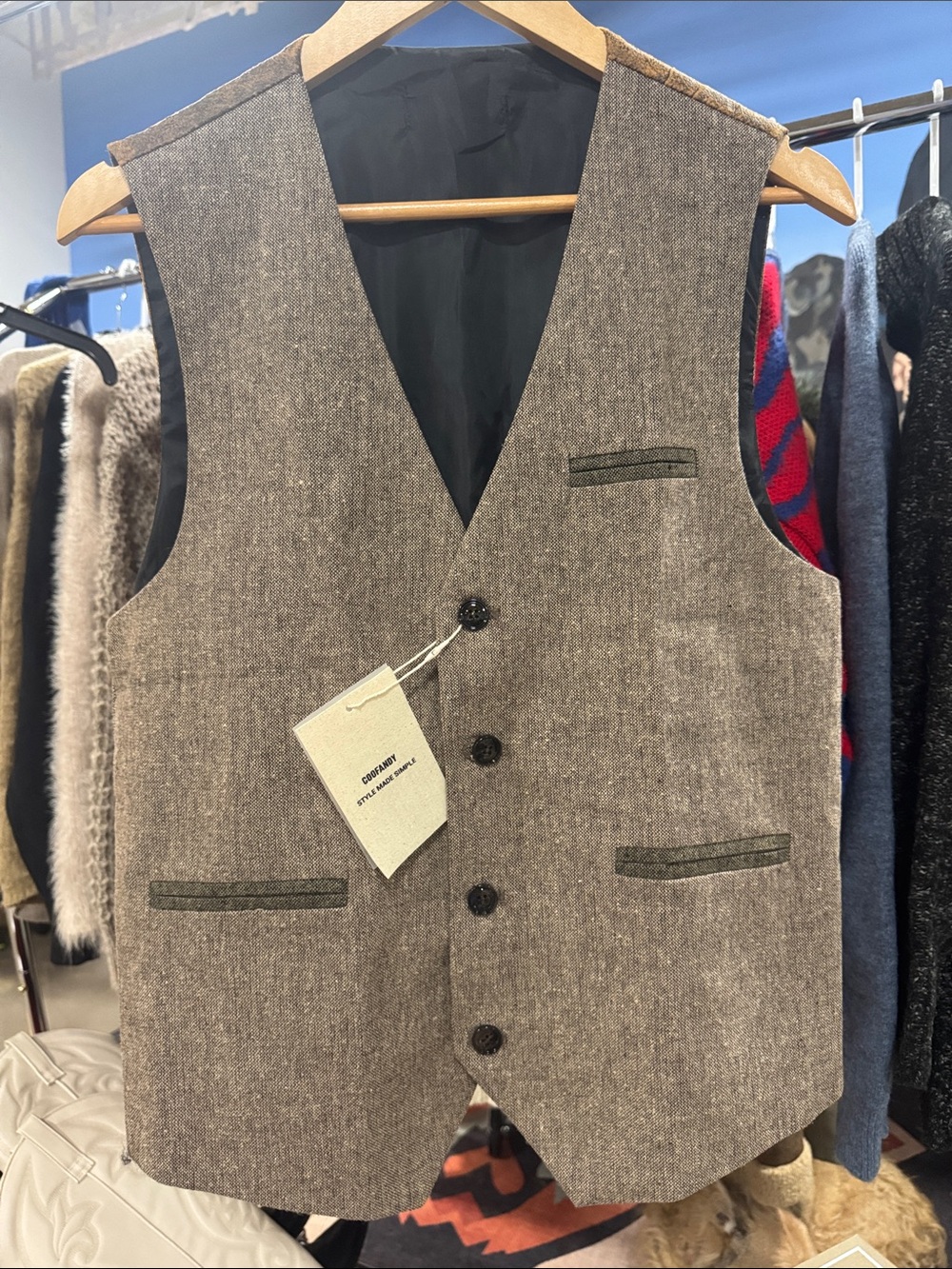 Tweed Herringbone Vest with Faux Leather Back